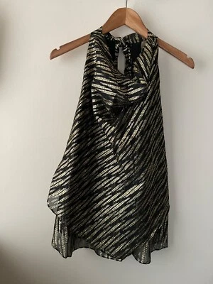 BCBGMAXAZRIA Top Size M 10-12 New Black Gold Foil Sleeveless Halter Party - Image 1 of 4