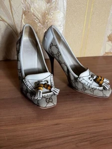 GUCCI Monogram Bamboo Square Toe Kitten Heels Pumps Size: 37/23-24cm Vintage - Picture 1 of 11
