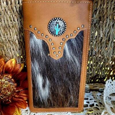 Montana west Men's Wallet Cactus concho Brown Genuine Leather Studs Cow Hair   - Image 1 of 4