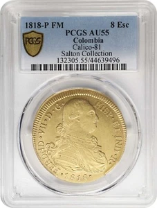 COLOMBIA. 8 Escudos, 1818-P FM . Ferdinand VII. AU-55. gold ONLY Pop Higher = 3 - Picture 1 of 4