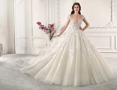 Ivory Beaded Lace Wedding Dress Bridal Gown Straps Pearls Illusion Buttons - Image 1 of 4