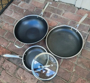 4 Pc HexClad Hybrid 12” Wok, 12" & 8" Frying Pan w/ Tempered Glass Lid, GOOD!! - Picture 1 of 16