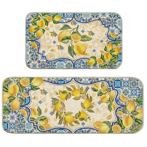 Lemon Kitchen Mat Yellow and Blue Mediterranean Kitchen Rug Summer Decor Tile... - Bild 1 von 7