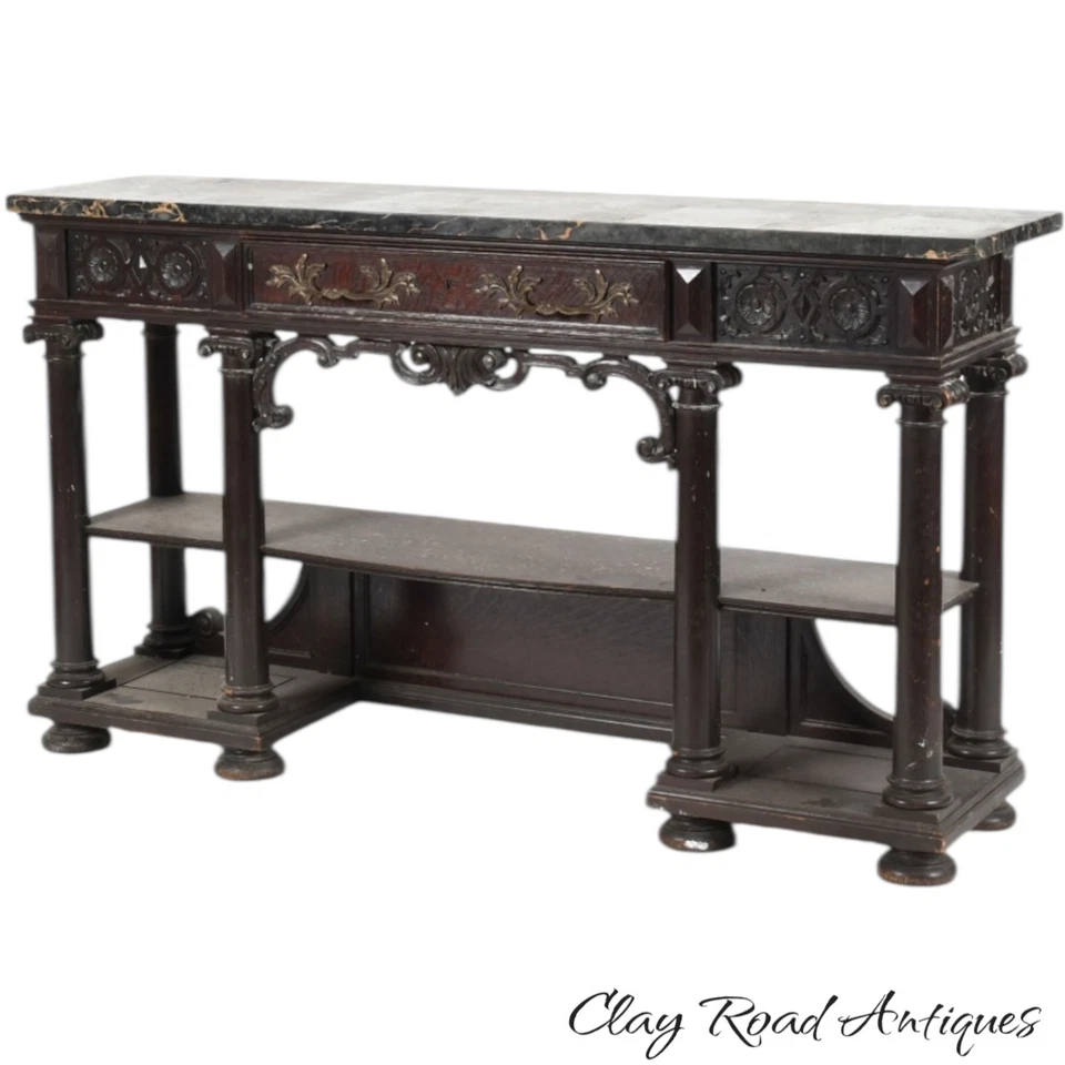 Antigua consola de roble pasillo mesa vestíbulo columnas estrechas tallado tapa de mármol victoriano Foto 1 de 4