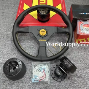 MOMO Veloce Racing V1 350mm Genuine Leather Sport Steering Wheel Yellow button - Picture 1 of 9