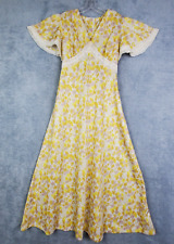 Vtg 60s Womens Prairie Dress Sz XL Yellow Floral Boho Crochet Trim Tie Back Zip