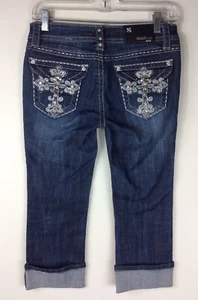 Grace in LA Capri Blue Jeans Cuffed Embellished Rhinestones Studs Size 3/25 - Picture 1 of 8