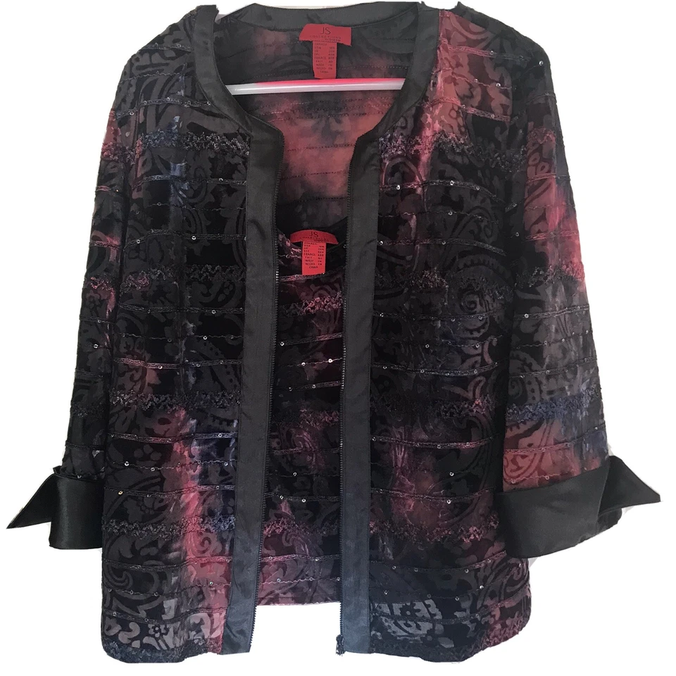 JS Collections Woman Sz18W Velvet Burnout Jacket and Tank Set Satin Trim Cuffs - Image 1 of 4