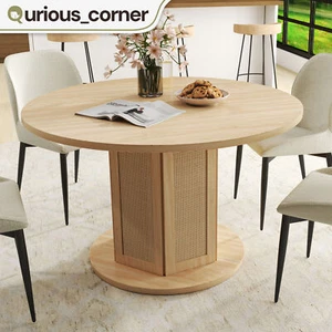 47" Round Dining Table 4 People Kitchen Living Room Rattan Beige Pedestal Legs - Picture 1 of 11