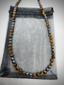 Natural Tiger's Eye Silver Hematite Smooth Round Gemstone Beads 22" Necklace Men