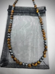 Natural Tiger's Eye Silver Hematite Smooth Round Gemstone Beads 24" Necklace Men - Picture 1 of 8