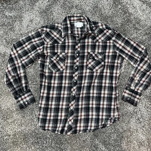 Wrangler Long Sleeve Pearl Snap Collared Plaid Shirt Large Black/Blue/Red - Picture 1 of 3