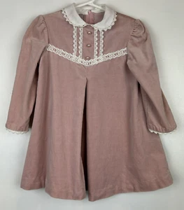 Vtg Dress Little Girls 4 Pink Velvet Long Sleeve 80's Formal Royal Solid Read - Picture 1 of 16
