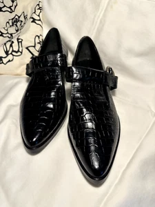 Freda Salvador KHALO Black Embossed Croc Buckle T Strap Loafer Women US 7 - Picture 1 of 17