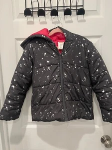 GYMBOREE Girls Black with Silver Heart Puffer Jacket -Size M (7-8) - Picture 1 of 5