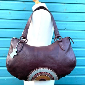 RADLEY Dark Brown Leather Slouch Boho Zip Top Shoulder Bag Ethnic Mandala Design - Picture 1 of 7
