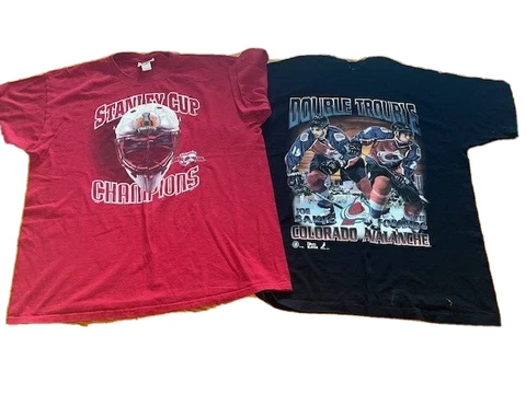 Lot 2 COLORADO AVALANCHE Vtg 90s 1996 Joe Sakic Forsberg DOUBLE TROUBLE T shirt Cover
