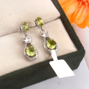 Natural Peridot Crown Dangle Earrings 925 Silver Princess Tiara Earrings Gift - Picture 1 of 8