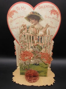 9 Zoll viktorianische antike Vintage gestanzte ausklappbare VALENTINSTAGSKARTE Junge Hund Dame Herz - Bild 1 von 22
