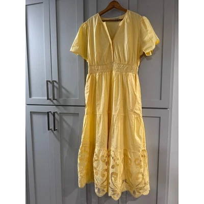 Haute Hippie XL Butter Yellow Tiered Eyelet Maxi Dress Summer V Neck Casual - Image 1 of 4