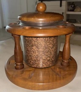 Vintage Duk-it Round Walnut 6 Pipe Stand Holder Rack With Glass Tobacco Humidor - Picture 1 of 4