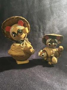 Japanese Kokeshi Wooden Doll Raccoon Tanuki Carved Craft Child Bobble Head Pair - Picture 1 of 9