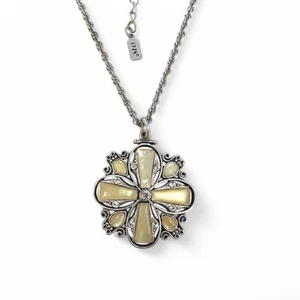 1928 Necklace Pale Yellow MOP Rhinestone Clover Pendant - Picture 1 of 7