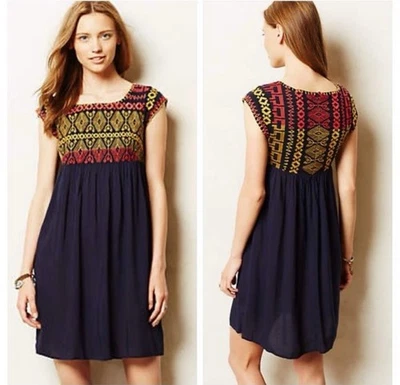 Anthropologie Edme & Esyllte Sz Large Women's Petra Swing Dress Boho Aztec Navy - Image 1 of 4
