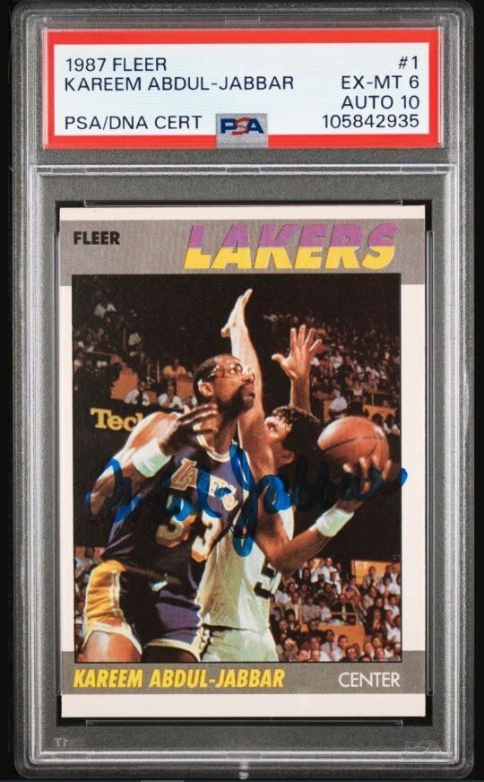 1987 Fleer Kareem Abdul-Jabbar Signed Basketball Card PSA 6 DNA Certified 10 HOF - Image 1 of 3