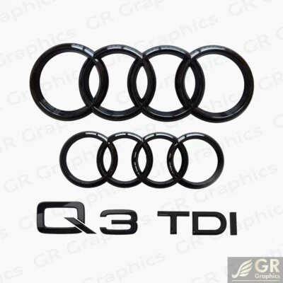 Audi Q3 TDI 2015+ Front & Rear Rings Emblem Gloss Black 4 PCS Combo Set Foto 1 de 4