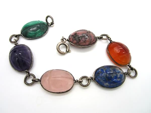 Vintage Sterling Silver Carved Lapis Quartz Amethyst Malachite Scarab Bracelet - Picture 1 of 4