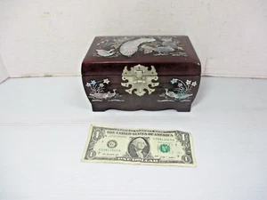 Lacquered Dark Brown Wooden Inlaid Mother of Pearl Jewelry Box 7" x 4.5" x 4"  - Picture 1 of 12