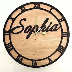 black personalised laser cut wood wooden wall clock door name word number letter - Picture 1 of 9
