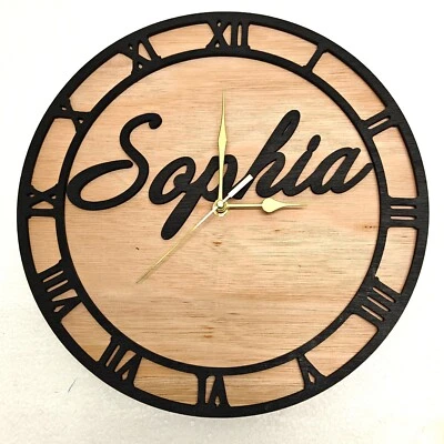 black personalised laser cut wood wooden wall clock door name word number letter - Image 1 of 4