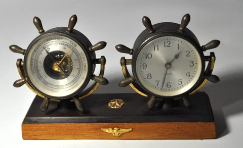 Chelsea Bronze Ships Wheel Clock and Barometer Desk Set Naval 8.75 x 5.5 x 2.5 Cover