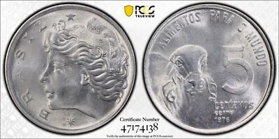 1976 Brazil 5 Centavos FAO PCGS MS68 Top Pop 1/0 Finer with Clashed Dies    4292 - Image 1 of 4