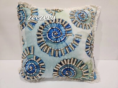 Coastal Collection Beach Blue Beaded Seashell Pillow Gorgeous! 12" x 12" NEW - Image 1 of 4
