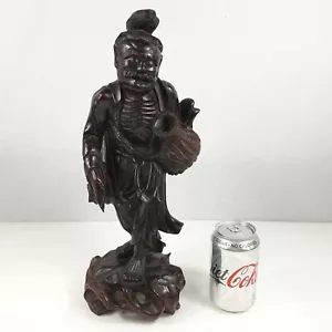 Antique Chinese Carved Wooden Figure Of A Man Holding A Basket 39cm High - Picture 1 of 12
