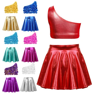 Girls Ballet Dance Outfits Sequin One Shoulder Ruffle Crop Top Metallic Skirt - Image 1 of 3