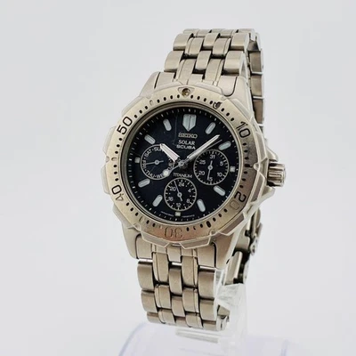 Seiko Scuba Solar Watch Titanium Silver Day-date Divers Wristwatch - Image 1 of 4