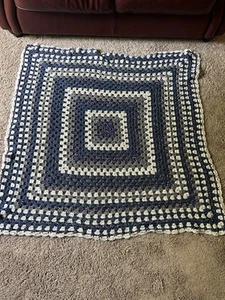 Four Color Block Croched Lap Throw Blue, Blue/White,Gray & White Approx 45”x45” - Picture 1 of 5
