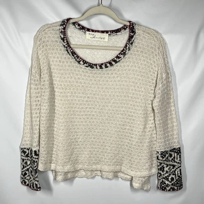 Vintage Havana Linen Blend Sweater S Cream Open Knit Sheer Aztec Cuffs Collar - Image 1 of 4