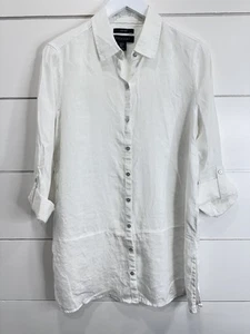 Tahari Shirt Womens Medium White Linen Button Up Long Sleeve Roll Tab Casual - Picture 1 of 5