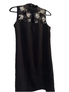 Nwt Studio Badgley Mischka Black SLEEVELESS DRESS FLORAL SILVER RHINESTONES SZ S - Picture 1 of 9