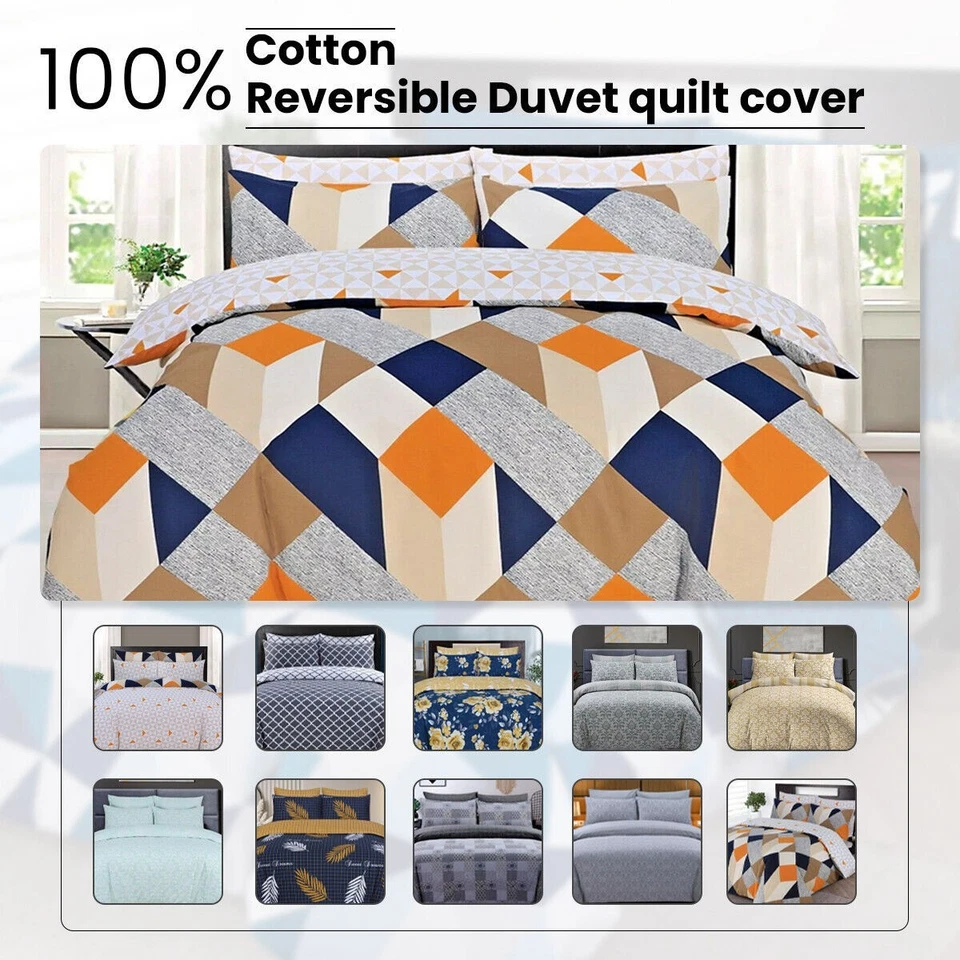 Premium 100% Cotton Reversible Duvet & Pillowcase Set – Single Double Super King - Image 1 of 1