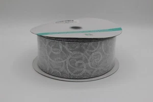 Swirl Glitter Wired Ribbon White Organza Sheer Ribbon with Silver Glitter C3051 - Picture 1 of 3
