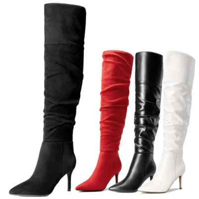 Mujeres Moda Botas Sobre la Rodilla Tacones Altos Botas Muslo Punta Punta Botas Foto 1 de 4