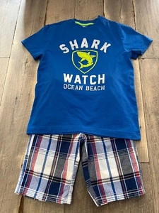 Crazy 8 blue plaid flat front shots with matching Shark Watch shirt boys L/10 - Picture 1 of 7