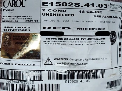 Carol E1502S 18/2C Solid Riser Fire Alarm Wire Cable FPLR Red /100ft - Image 1 of 4