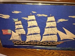 UNIQUE One of Kind Framed Art HandSewn NAUTICAL SAIL BOAT SHIP American Flag USA - Picture 1 of 10